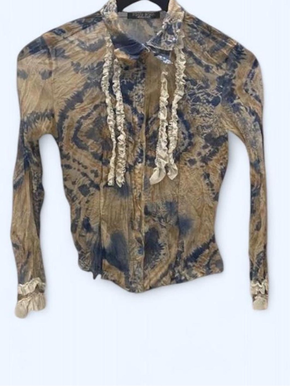 Vintage Y2K BISOU BISOU Beige Blue Tie-Dye Snap Front Crinkle Ruffle Blouse